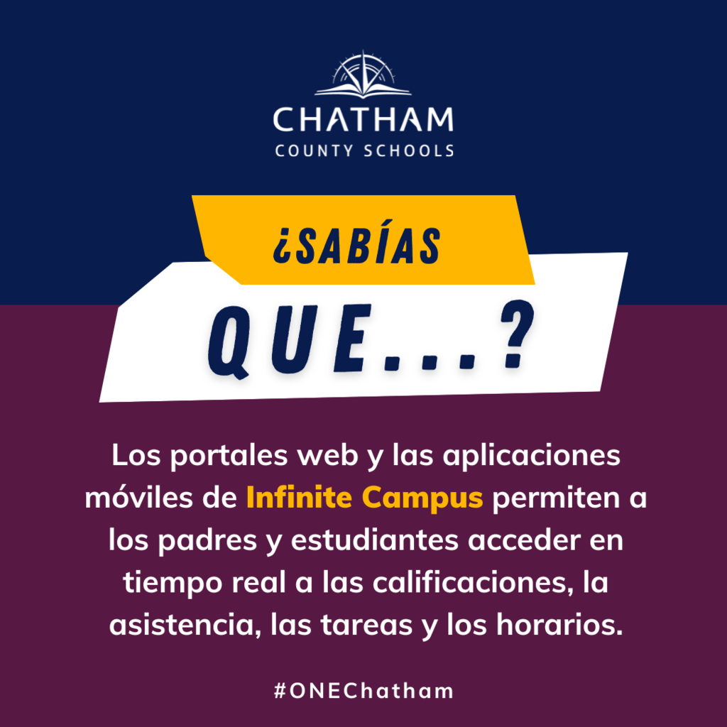 Did you know?  the Infinite Campus web portals and mobile apps allow parents and students real-time access to grades, attendance, assignments, and schedules.  These portals and apps connect parent to teacher, teacher to student, and student to parent. Click link below to access or create your Infinite Campus Account today!   LINK: https://www.chatham.k12.nc.us/o/ccs/page/student-information  #OneChatham
