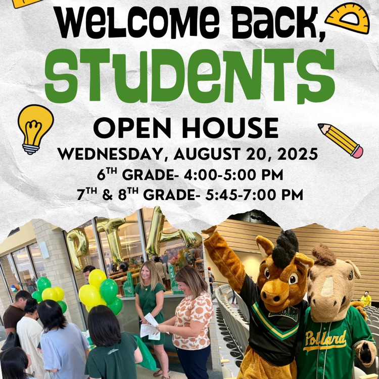 Open House Invitation- 8/20 6th grade 4-5pm and 7th and 8th 5:45-7pm