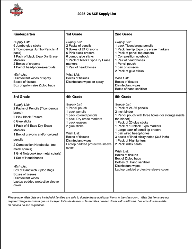 25-26 School Supply List English