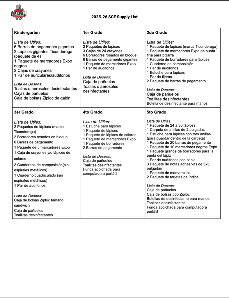 25-26 School Supply List Spanish