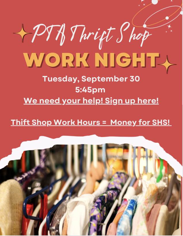 Volunteer at the PTA Thrift Store Work Night on Tuesday, September 30. Remember, every hour we work equates to dollars raised for our school. 