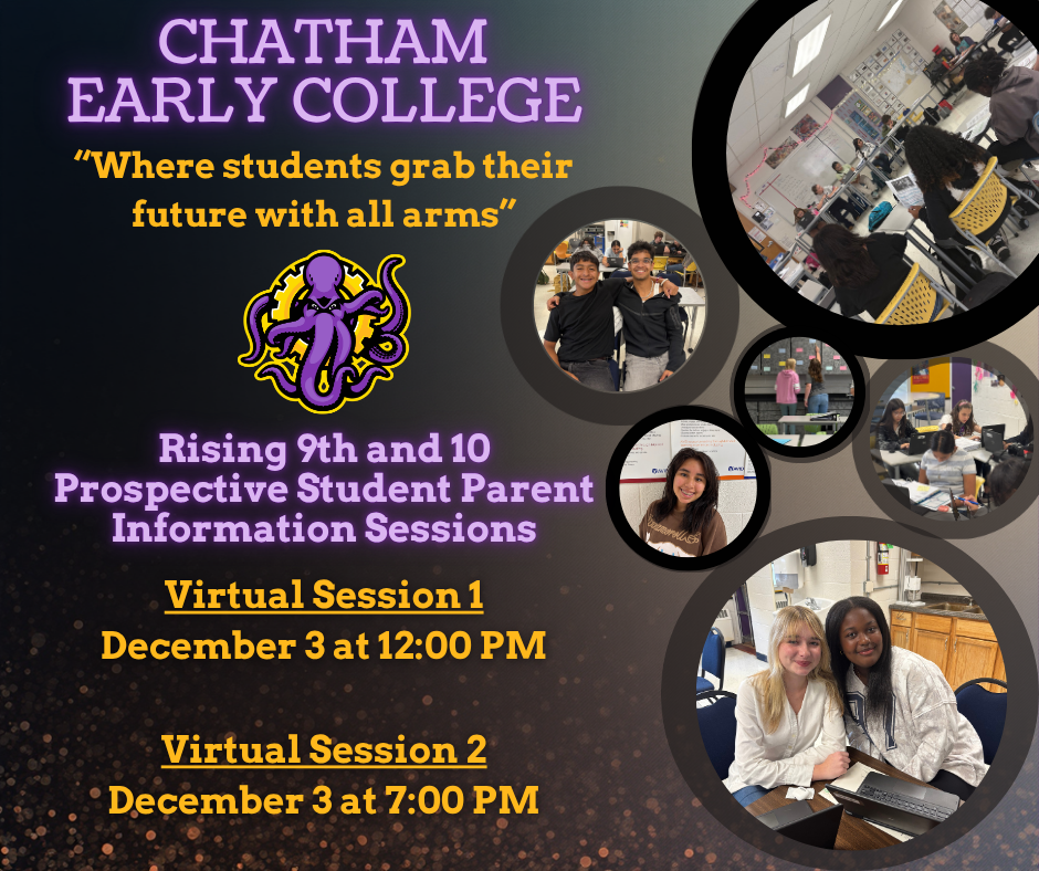 📢 Parents, mark your calendars! Join us for one of two virtual information sessions about Chatham Early College (CEC) on Tuesday, December 3. ℹ️ SESSION 1 🕛 WHEN: 12:00 PM 🔗 VIDEO CALL LINK: https://meet.google.com/cui-qpri-zqf ℹ️ SESSION 2 🕖 WHEN: 7:00 PM 🔗 VIDEO CALL LINK: https://meet.google.com/duf-eiih-eon These sessions are a great way to learn more about CEC, how to apply, and get your questions answered from the comfort of home. Stay tuned for the Zoom link—we can’t wait to connect with you! #OneChatham #ElevateChatham 📢 Padres, ¡marquen sus calendarios! Acompáñennos en una de las dos sesiones informativas virtuales sobre Chatham Early College (CEC) el martes 3 de diciembre. ℹ️ SESIÓN 1 🕛 CUÁNDO: 12:00 p.m. 🔗 ENLACE DE VIDEO LLAMADA: https://meet.google.com/cui-qpri-zqf ℹ️ SESIÓN 2 🕖 CUÁNDO: 7:00 p.m. 🔗 ENLACE DE VIDEO LLAMADA: https://meet.google.com/duf-eiih-eon Estas sesiones son una excelente oportunidad para conocer más sobre CEC, cómo postularse y resolver sus preguntas desde la comodidad de casa. ¡Estamos deseando conectarnos con ustedes!