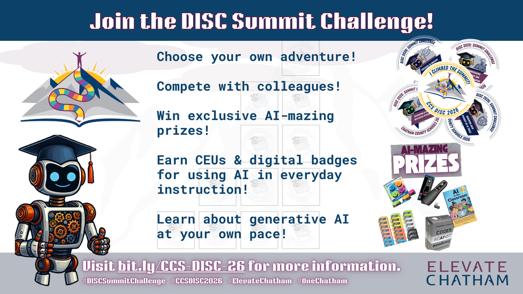 🎉 DISC is LIVE + Early Access!  We’re thrilled to launch the Digital Innovation Summit Challenge (DISC), a flexible, choose-your-own-adventure PD series bringing the power of AI into CCS classrooms! 💻  🦃 Early birds can start earning microcredentials now at bit.ly/CCS-DISC-26, no need to wait for the official Dec. 4 kickoff.  Explore 10 AI-focused courses using MagicSchool or any approved district AI tool.  Ready to climb? Let’s go!  #DISCSummitChallenge #CCSDISC2026 #ElevateChatham #OneChatham