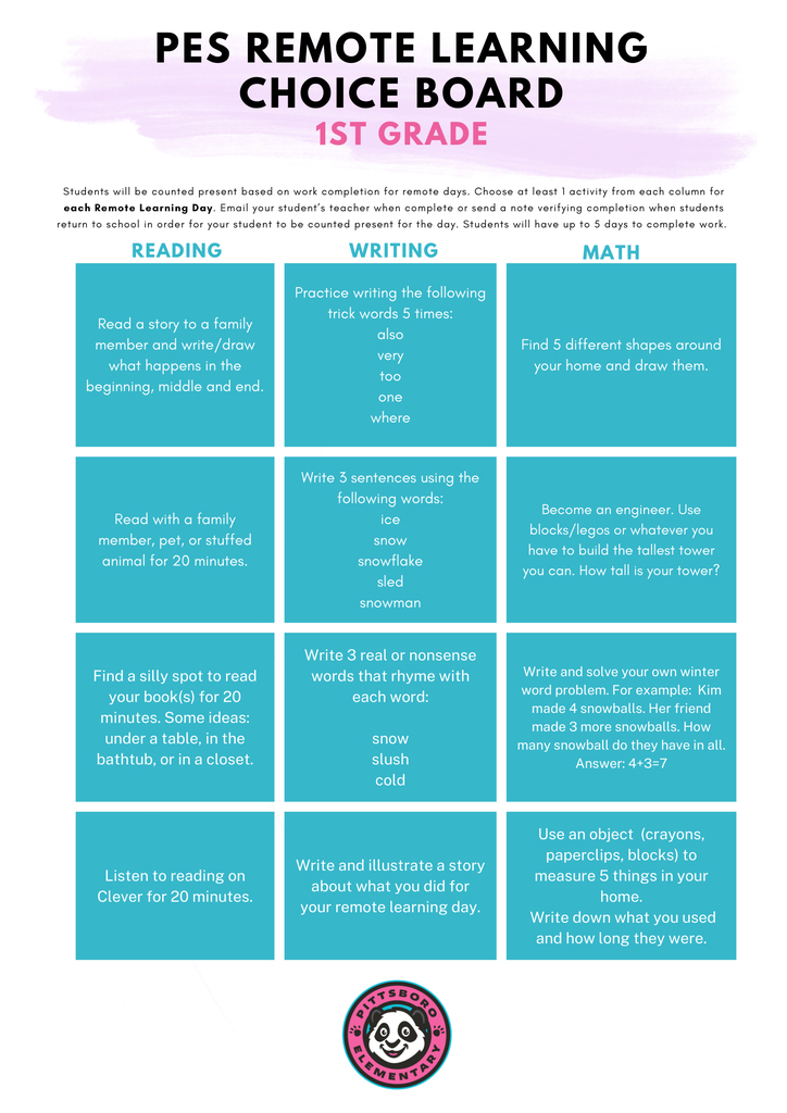 First Grade Choice board