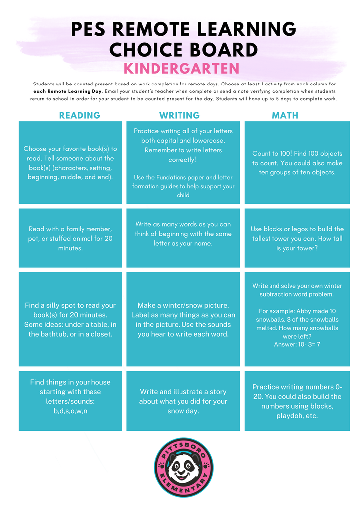 Kindergarten Choice board