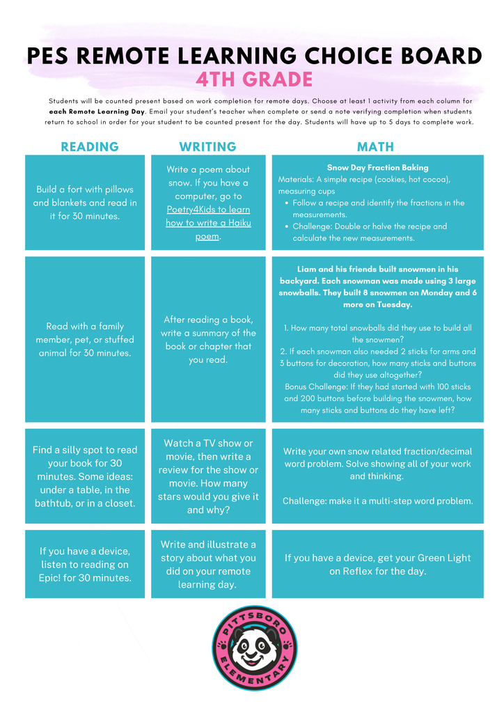 fourth grade choice board