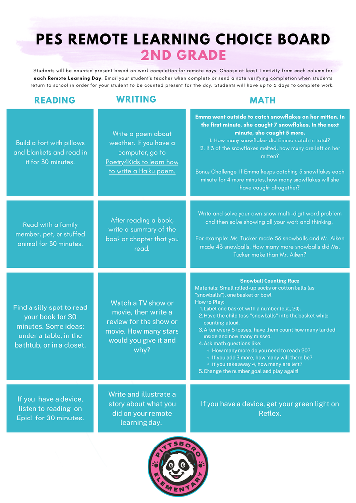 second grade choice board