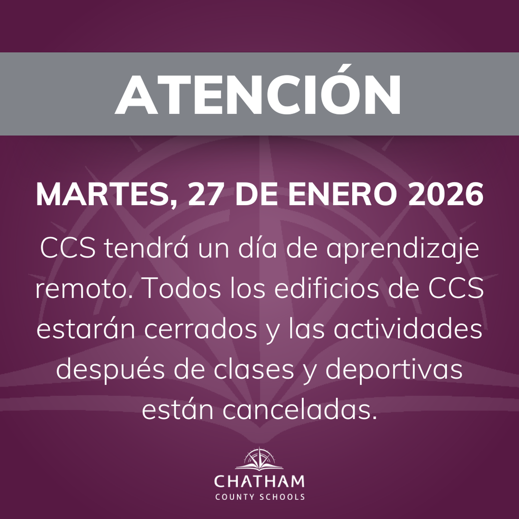 Chatham County Schools will operate on a remote learning day for students and staff on Tuesday, January 27, 2026. All CCS buildings are closed, and after school events and athletics are also canceled. After consulting with the National Weather Service, local DOT, and emergency management personnel, this decision was made due to the impending dangerous road conditions as a result of yesterday’s winter storm, and extreme cold temperatures overnight. Please check your email or our website, www.chatham.k12.nc.us on how to prepare for a remote learning day. Any specific questions related to remote learning expectations should be directed to your child’s teacher. Please stay safe and warm! #OneChatham #StaySafe 