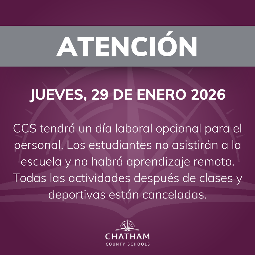 Chatham County Schools will operate on an optional workday for staff on Thursday, January 29, 2026. Students will not attend school, and there will be no remote learning for students. All after-school events, activities, and athletics are canceled.    After consulting with the National Weather Service, local DOT, and emergency management officials, this decision was made due to lingering dangerous road conditions in the northern parts of the county following this week’s winter storm and overnight extreme cold.  Staff should use their judgment regarding driving conditions when determining whether to report to work, and should consult with their supervisor regarding remote work options, if applicable. Please stay safe and warm! #OneChatham #StaySafe 
