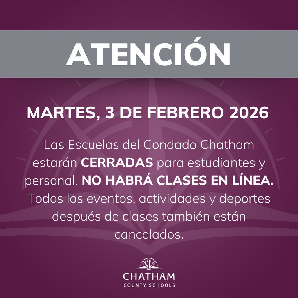 Chatham County Schools will be CLOSED for students and staff on Tuesday, February 3, 2026. There will be no remote learning on Tuesday. All CCS school buildings/campuses are closed, and all after school events, activities, and athletics are also canceled. This closure is due to this weekend’s snowstorm and the resulting road conditions across the county. As always, the safety of our students, staff, and families is our top priority. Please stay safe and warm! #OneChatham #StaySafe