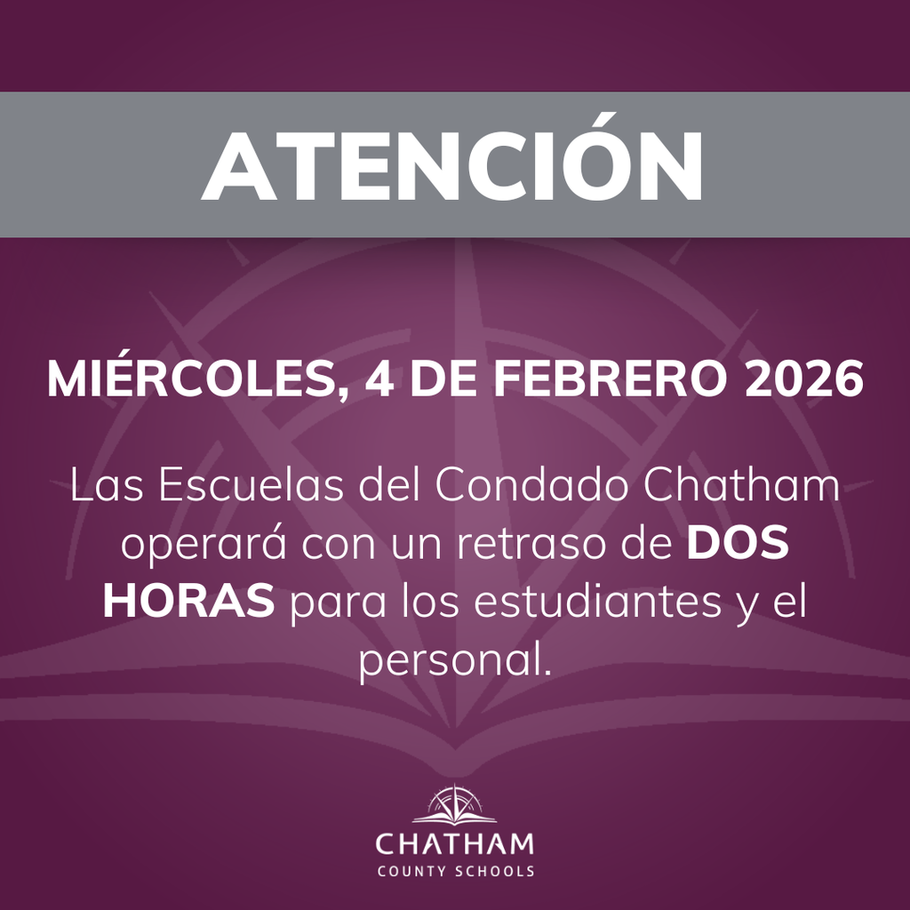 Chatham County Schools will operate on a two-hour delay for students and staff on Wednesday, February 4, 2026. Although the roads in Chatham County have improved greatly over the course of the week, drivers should use caution. Please stay safe and warm! #OneChatham #StaySafe