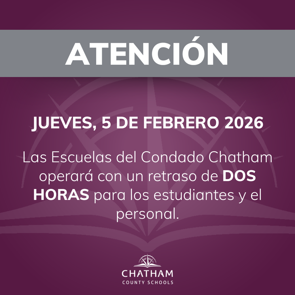 Dear Chatham County Families: Chatham County Schools will operate on a TWO-HOUR DELAY for students and staff on Thursday, February 5, 2026. The National Weather Service forecast for tomorrow morning is showing a possibility of frozen precipitation overnight that may linger and affect morning travel. Out of an abundance of caution, Chatham County Schools will operate on a two-hour delay to allow better visibility of any issues that may result. As always, drivers should use caution. Please stay safe and warm! #OneChatham #StaySafe