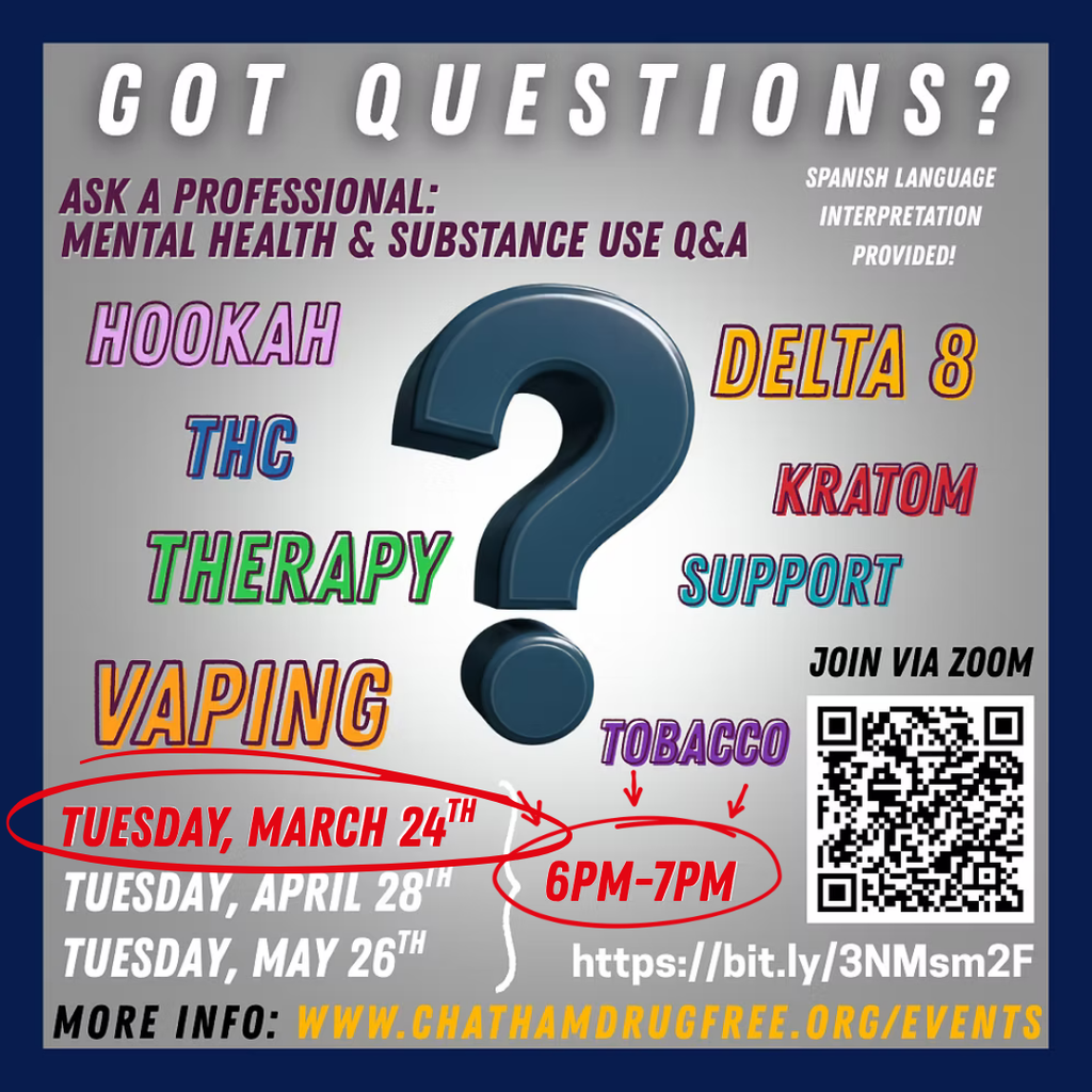 💬 Join the Conversation: Supporting Youth Mental Health & Preventing Substance Use  Chatham County Schools, in partnership with Chatham Drug Free, invites our community to a FREE virtual conversation focused on mental health services and substance use.  🗓 Tuesday, March 24, 2026 ⏰ 6:00–7:00 PM 📍 Via Zoom 🔗 https://us06web.zoom.us/j/86356884522?pwd=2gWZansajQhfAdhTcSLWofmfwG2rza.1  This informal session is open to parents, caregivers, educators, and community members. Drop in anytime to: ✔️ Ask questions ✔️ Connect with local service providers ✔️ Learn about resources available in our community  Together, we can support the well-being of our students and families.