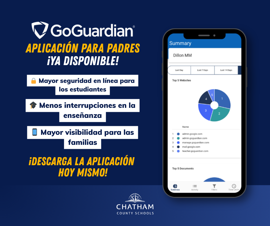 📱TheGoGuardian Parent App is now available for Chatham County Schools Families!  With the GoGuardian Parent App, you can now manage and monitor what your student accesses on their school-issued device outside of school hours.  Set screen time limits, block distractions, and help your student stay focused in a safe online environment—all from your phone.  Empowering families to support learning beyond the classroom!