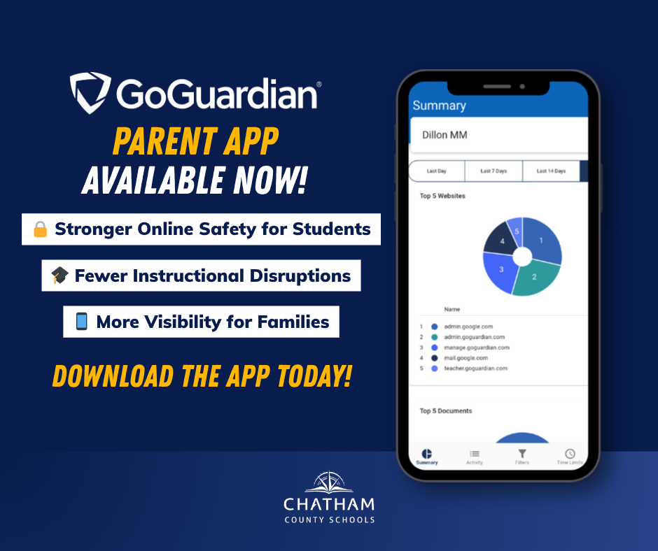 📱TheGoGuardian Parent App is now available for Chatham County Schools Families!  With the GoGuardian Parent App, you can now manage and monitor what your student accesses on their school-issued device outside of school hours.  Set screen time limits, block distractions, and help your student stay focused in a safe online environment—all from your phone.  Empowering families to support learning beyond the classroom!