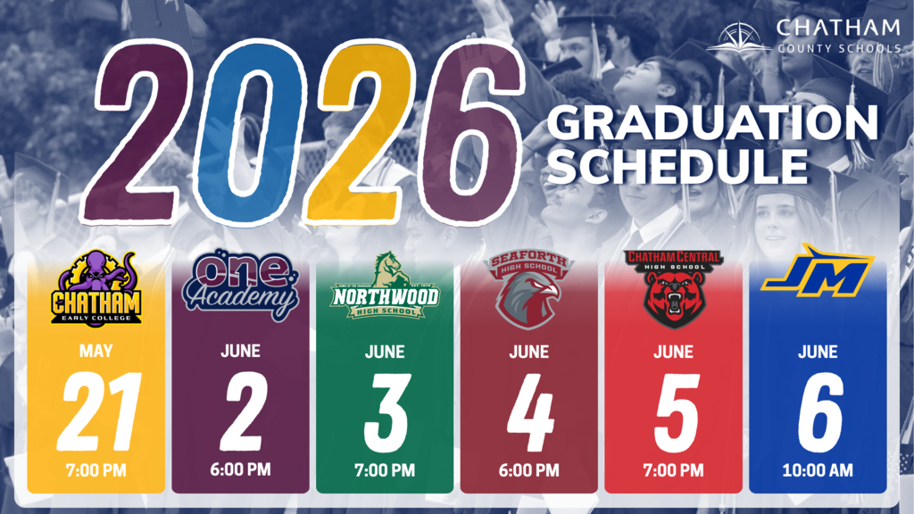 🎓 Commencement time is here, Chatham County Schools!  We are excited to celebrate the Class of 2026 and all they have accomplished. Graduation season officially begins this Thursday, May 21, with the Chatham Early College commencement ceremony at 7:00 p.m.  Please join us in congratulating our graduates as they prepare to walk across the stage and take their next steps! View the full 2026 graduation schedule below.  May 21st: Chatham Early College June 2: ONE Academy June 3: Northwood High School June 4: Seaforth High School June 5: Chatham Central High School June 6: Jordan-Matthews High School  🎉 Congratulations, Class of 2026!  #ONEChatham #ElevateChatham #ClassOf2026