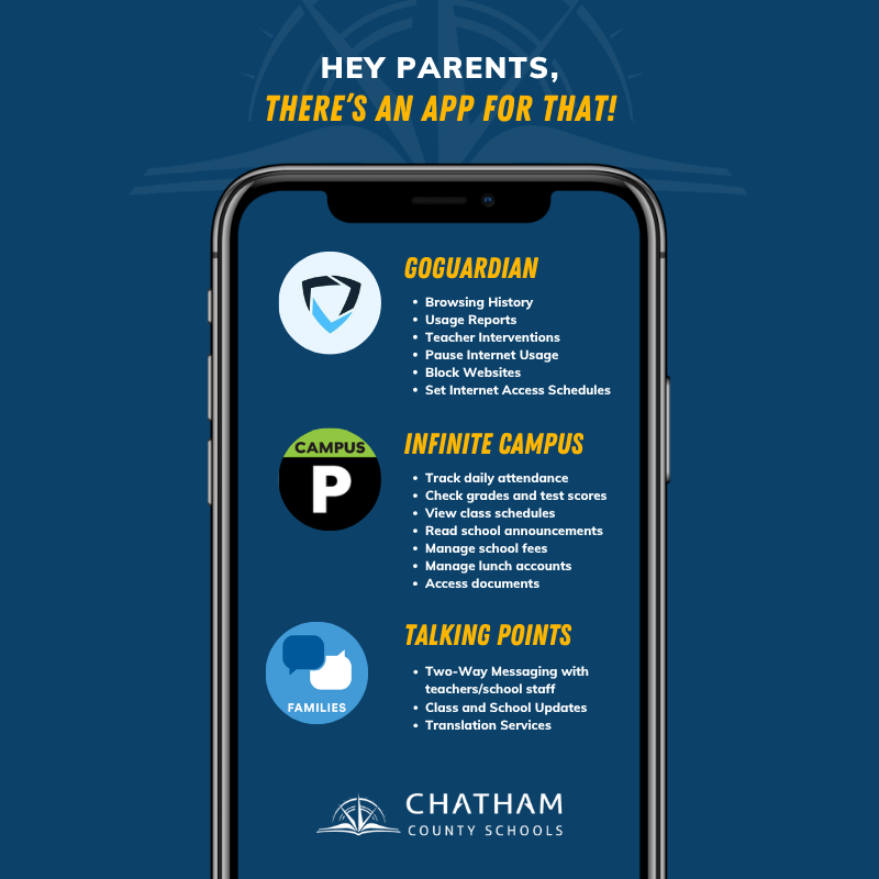 📲 Parents, stay connected to your child’s learning! Chatham County Schools has several apps that give families valuable tools to stay informed and support student success. ✅GoGuardian helps families monitor technology use and filter internet access at home. ✅ Infinite Campus allows you to access all of your student's information at your fingertips. To create your Infinite Campus Parent Account, click the link for a step-by- step walkthrough: https://docs.google.com/.../1JLWyY31t2ei3Mt70wYwc.../edit... ✅ TalkingPoints makes school-home communication simple and consistent with two-way messaging between you and school staff. Our goal? Moving #ForwardTogether with clearer communication, stronger support, and greater success for our students. #OneChatham 