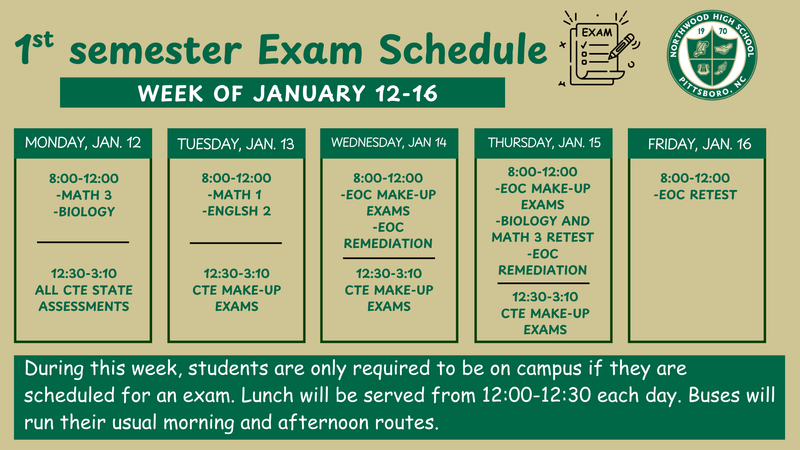 Exam Schedule for the week of Jan 12-16