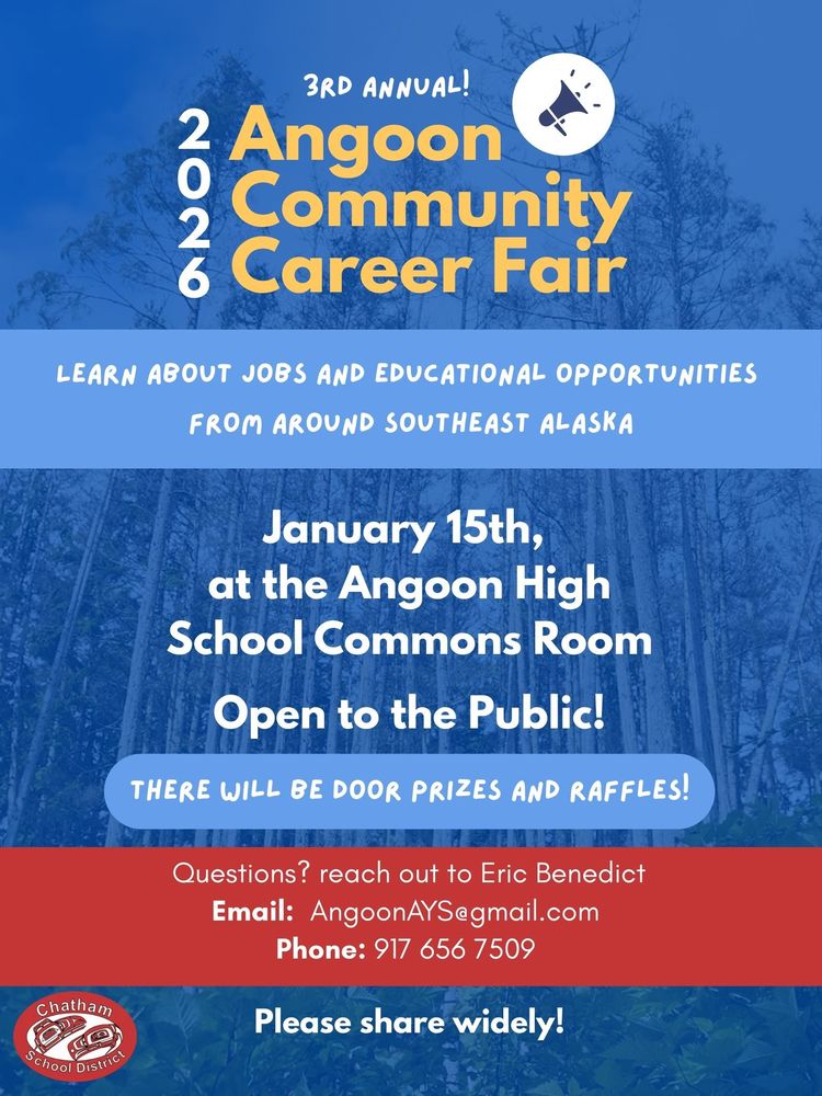 This is a poster of the 2026 Angoon Community Career Fair in Angoon.