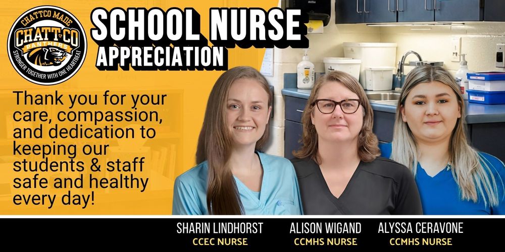 School Nurse Appreciation. Thank you for your care, compassion, and dedication to keeping our students & staff safe and healthy every day. Sharin Lindhorst CCEC Nurse, ALISON Wigand, CCMHS Nurse, ALYSSA Ceravone, CCMHS Nurse