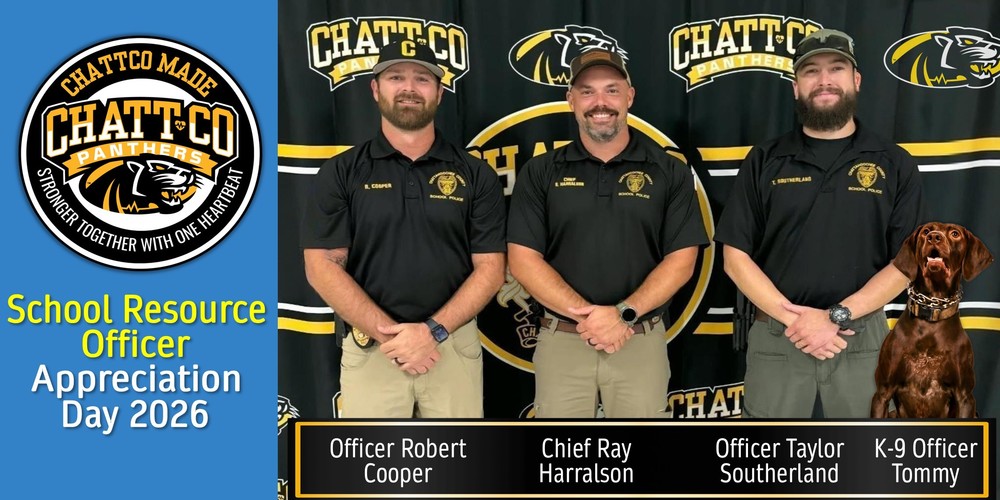 School Resource Officer Appreciation Day 2026. Officer Robert Cooper, Chief Ray Harralson, Officer Taylor Southerland, K-9 Officer Tommy
