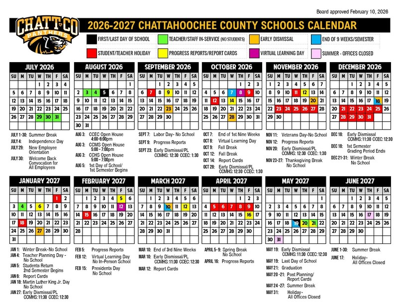 School Calendar for 26-27. Contact the CCSD Main Office at 706.989.3774  to request specific dates or an alternate copy to fit your needs.