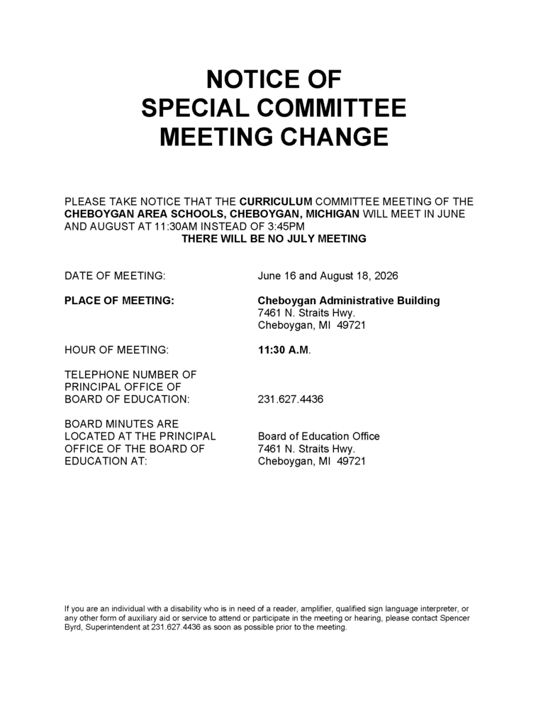 Curriculum Meeting Change Notice