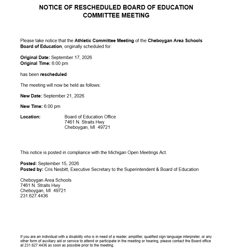 Athletic Committee Meeting Change