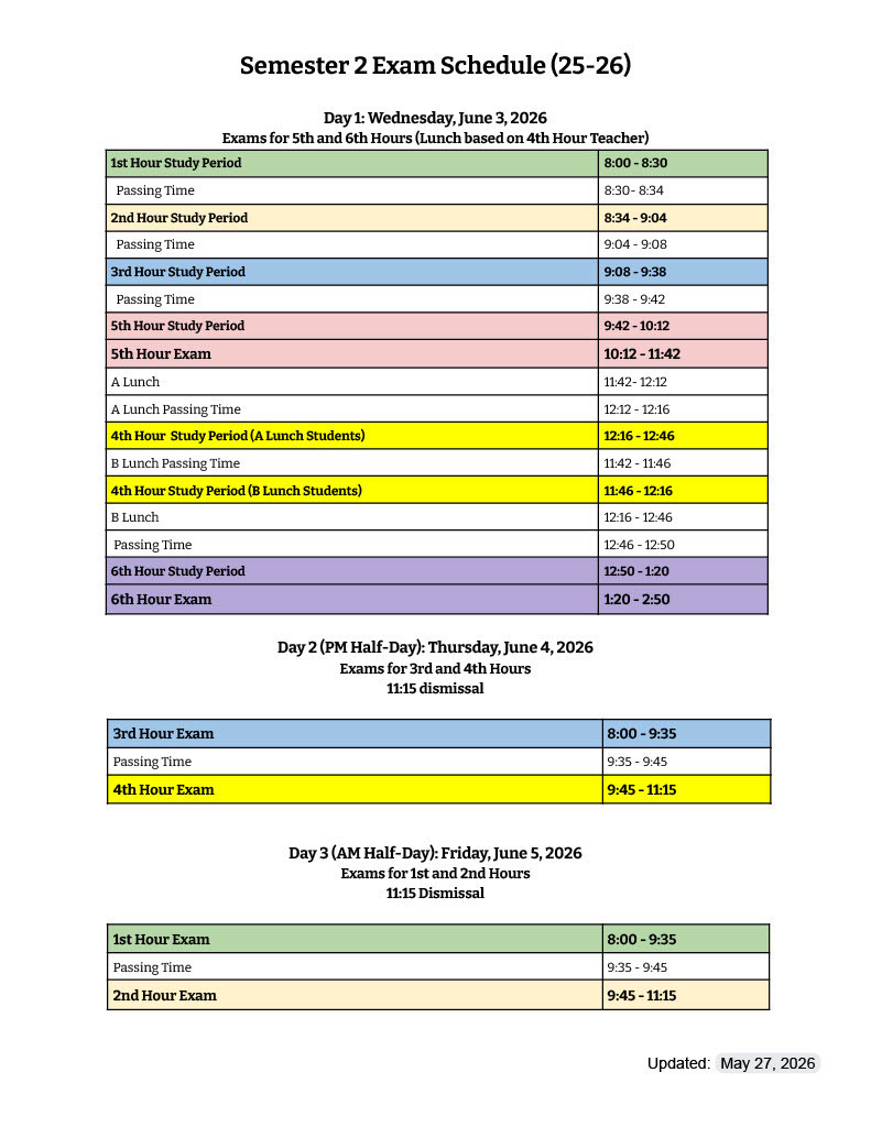 Semester 2 Exam Schedule