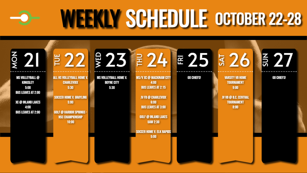 Weekly athletic schedule for the week of the 21-27