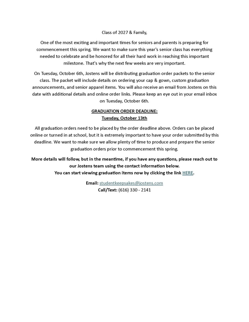 Class of 2027 Jostens Letter