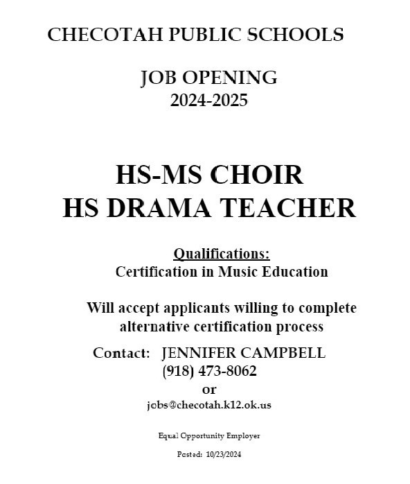 HS-MS Choir and HS Drama Job Posting