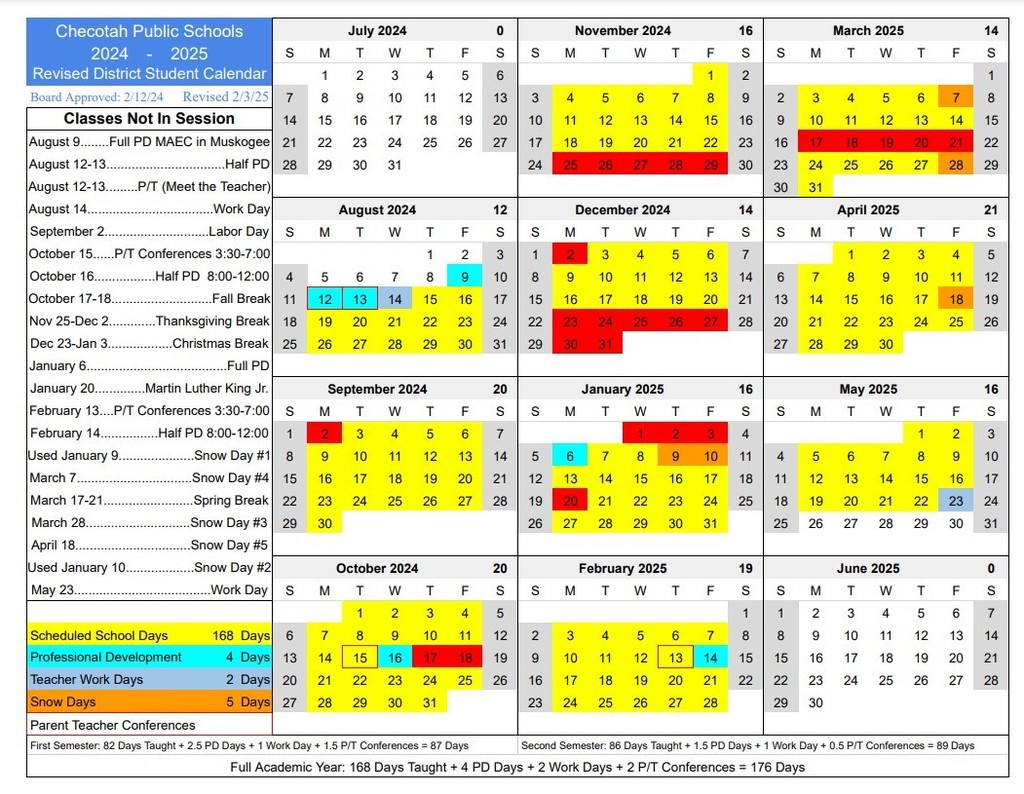 Checotah Schools updated calendar for the remainder of the school year