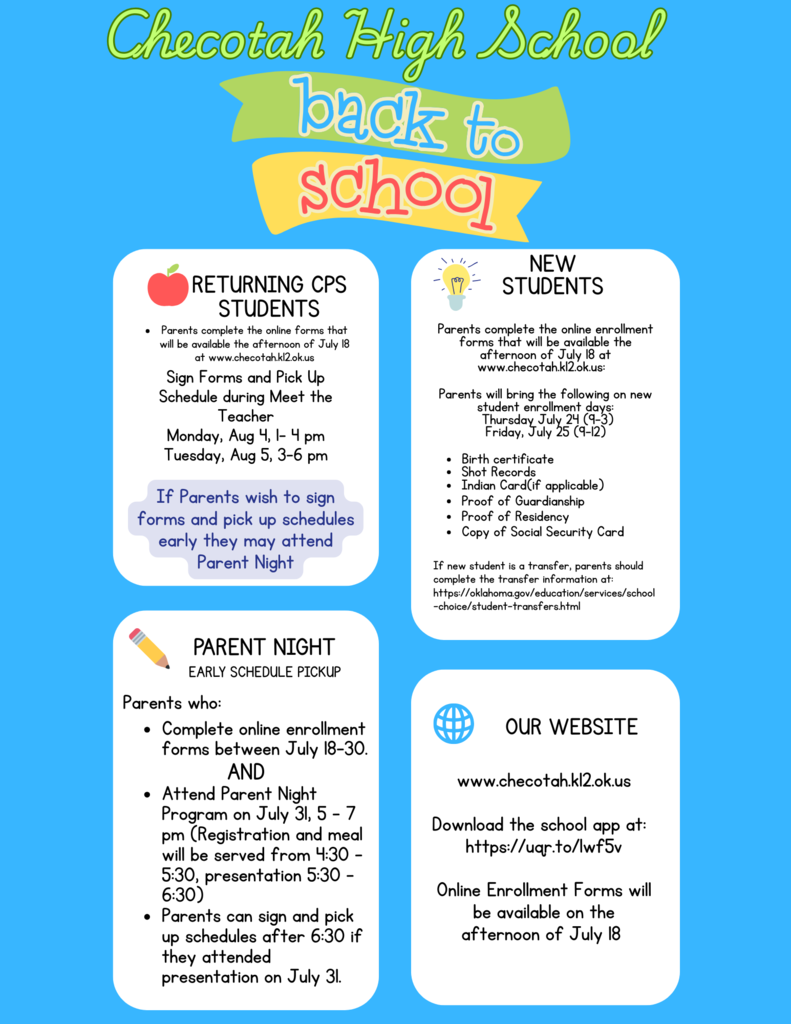 Back to School Enrollment Information.  The link for online forms will be available Friday, July 18 in the afternoon.