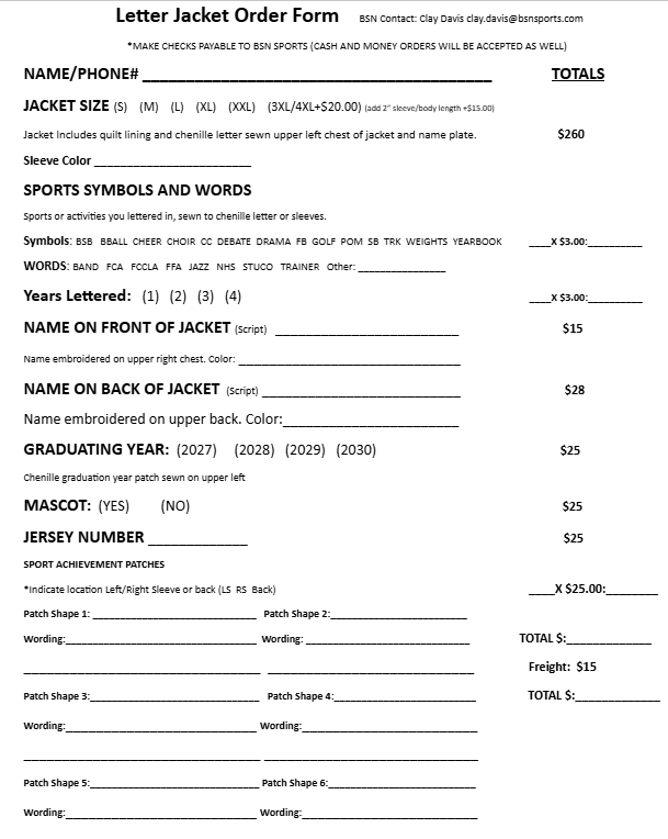Letter Jacket Order Form