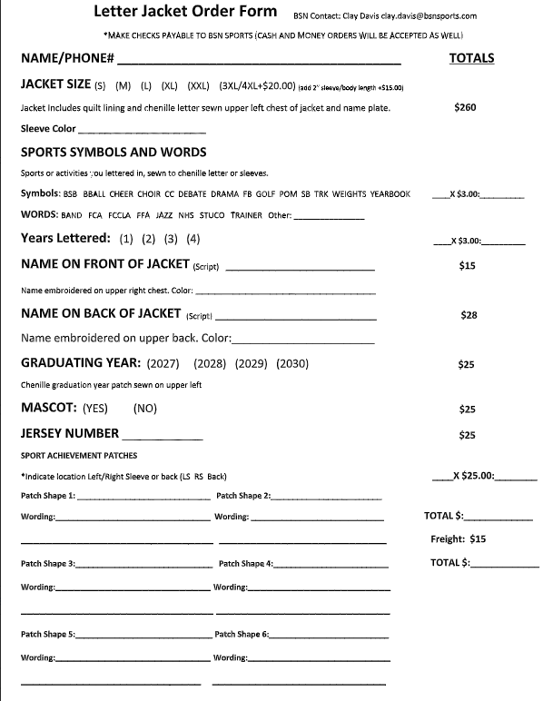 Letter jacket order form