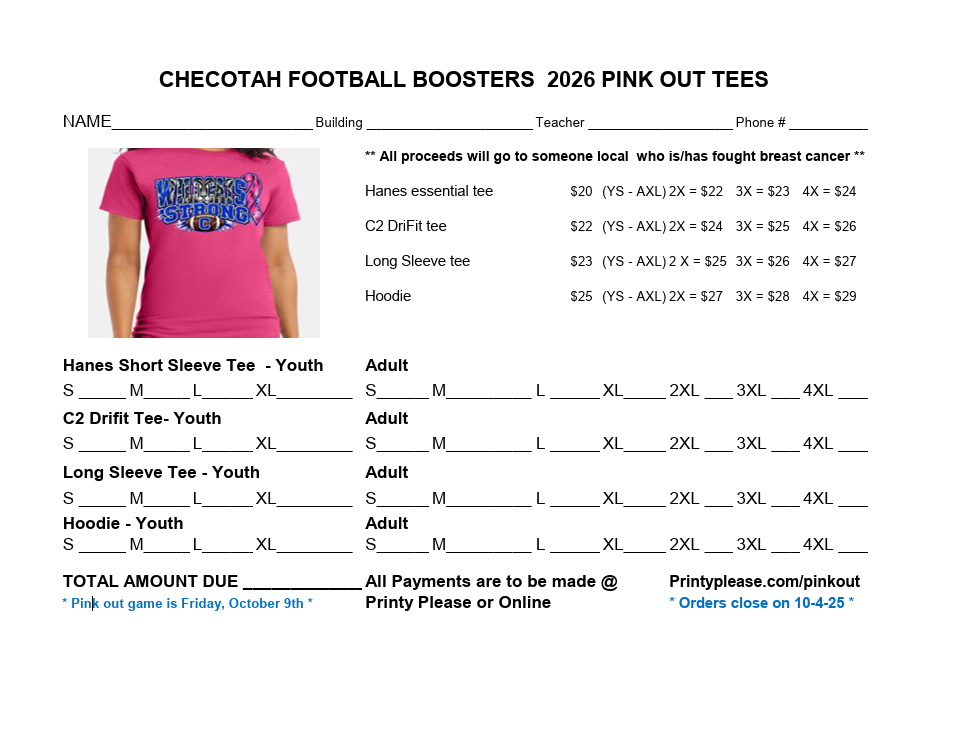 Football Booster Club Pink Out Shirts