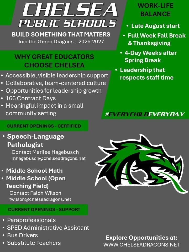 FY27 Chelsea Schools Job Posting for Speech-Language Pathologist and Middle School Math 