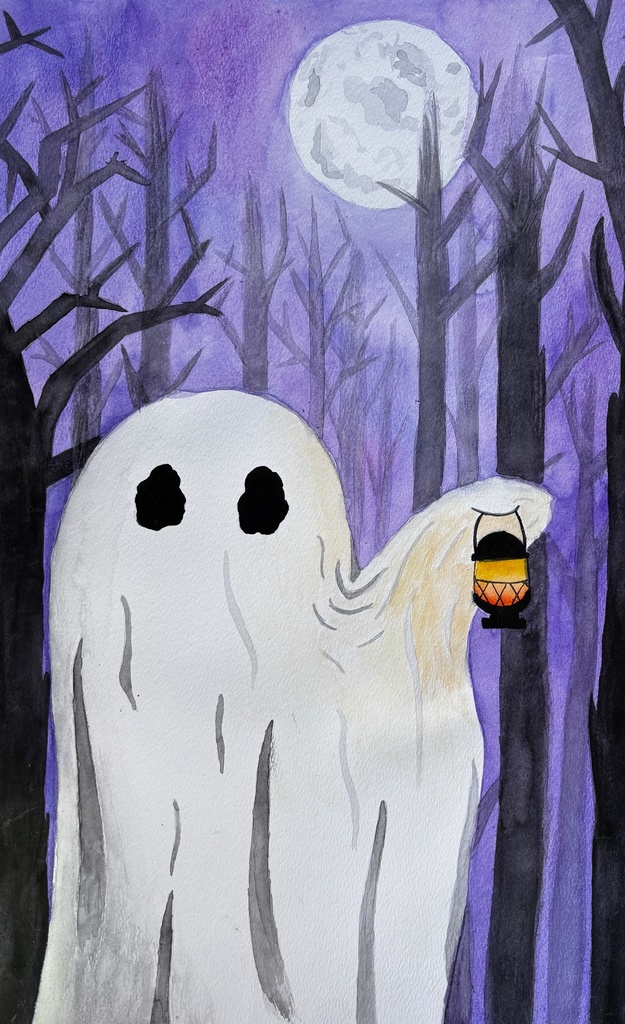 student artwork of tree with ghost