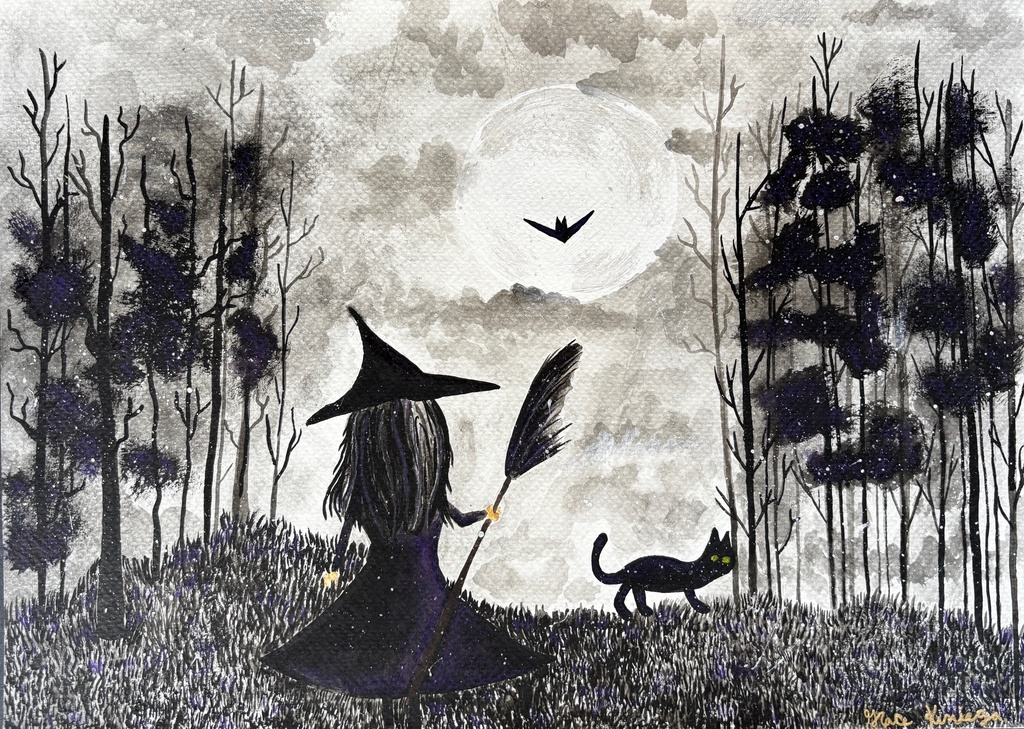 student artwork of witch and cat