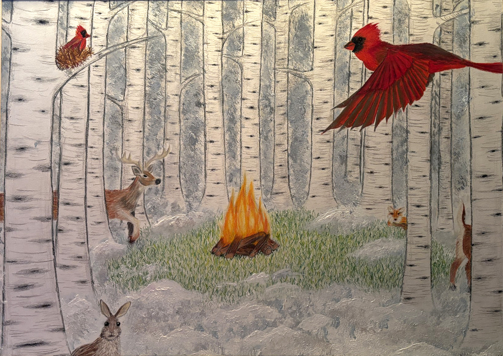 student artwork of birch trees with birds and a fire and a deer
