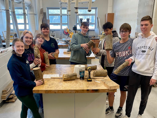 group of students in wood shop