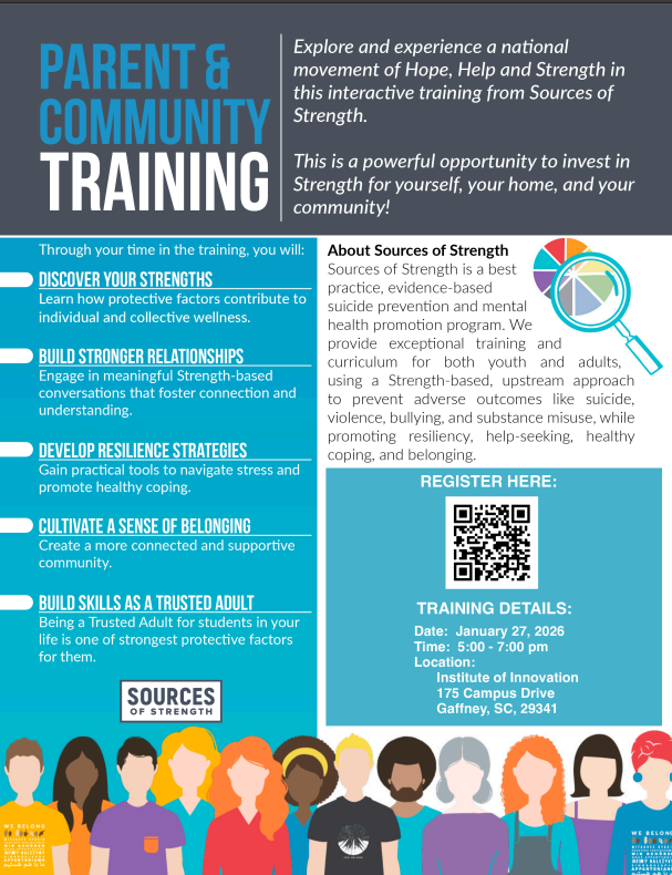 Scan QR code for details regarding parent and community training on January 27 from 5:00 - 7:00 at Institute of Innovation 175 Campus Drive Gaffney SC 29341
