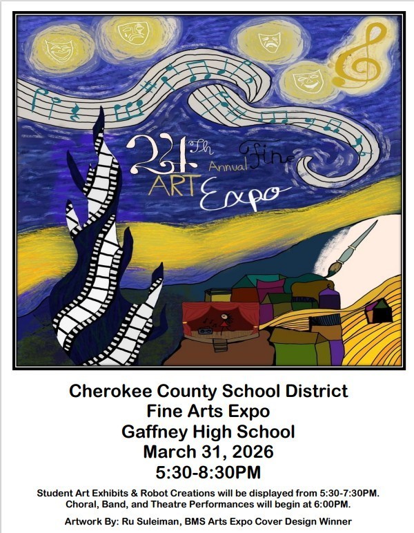 Art Expo Gaffney High School March 31 5:30 pm - 8:30 pm. Attached is the cover of the Winner for this year.