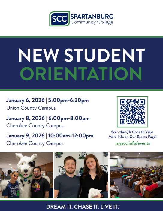 New student orientation at SCC January 8 from 6 - 8 pm, Cherokee County Campus and on January 9 from 6 - 8 pm . SCAN QR code for further details. 