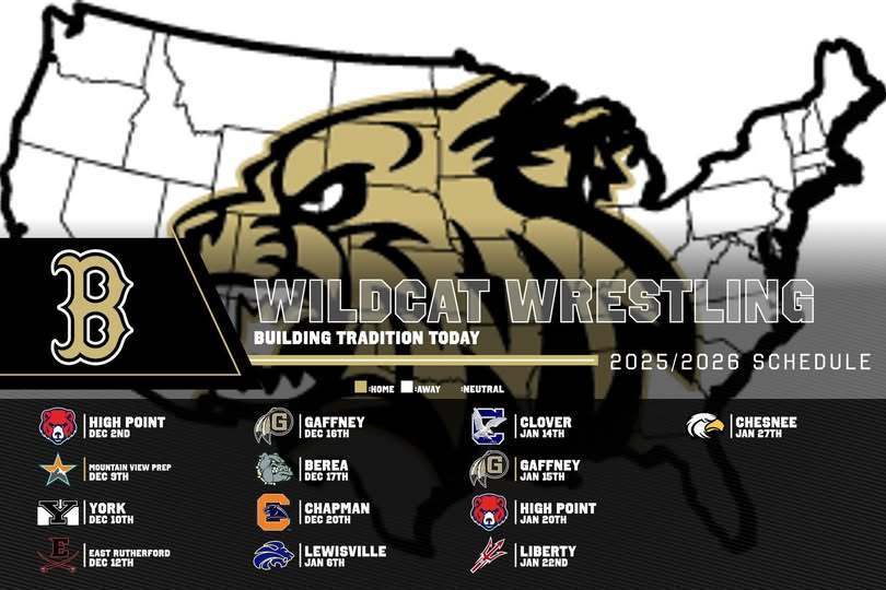 Wildcat Wrestling Schedule: 12/2, 12/5, 12/10, 12/12, 12/16, 12/17, 12/20/, 1/6, 1/14, 1/15, 1/22, 1/27