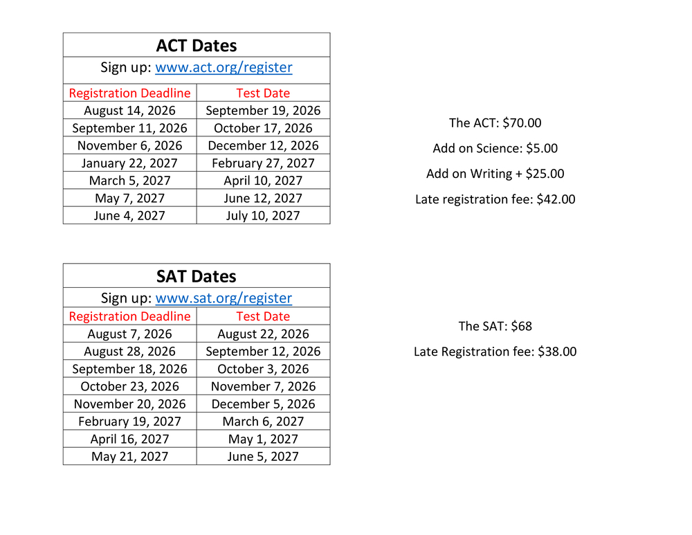2026-2027 ACT/SAT dates