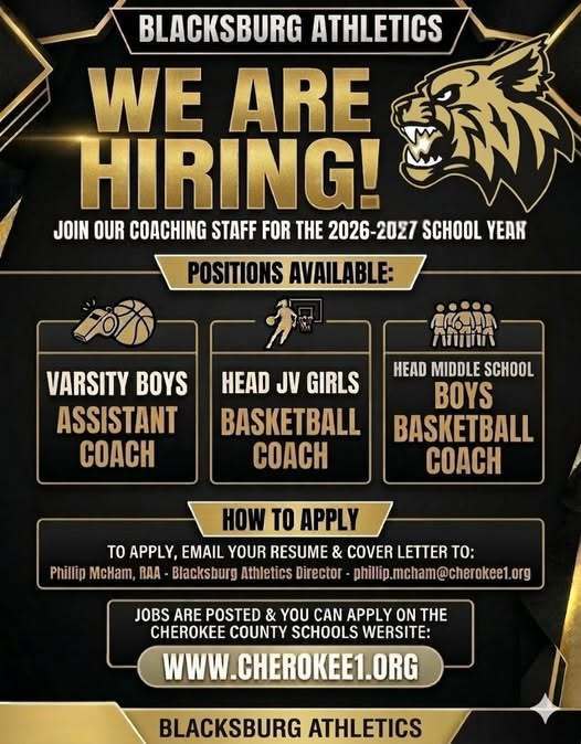 We are hiring . Join our coaching staff for the 2026-2027 school year. Positions available: Varsity Boys assistant coach, Head JV girls basketball coach, head middle school boys basketball coach. Apply www.cherokee1.org
