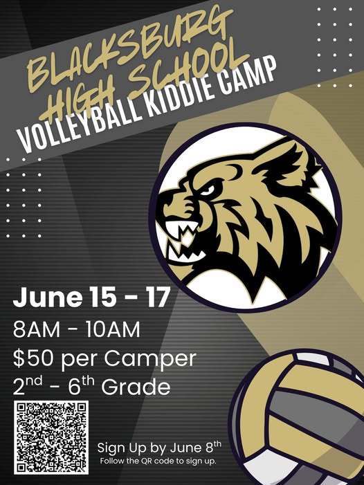 BHS Volleyball Kiddie Camp. June 15-17 8 am - 10 am $50 per camper 2nd  - 6th grade sign up by June 8th 