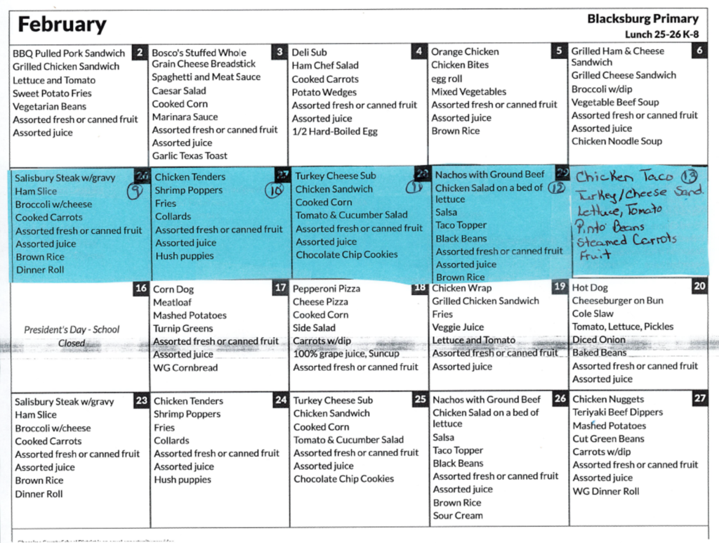 Updated February Lunch Menu
